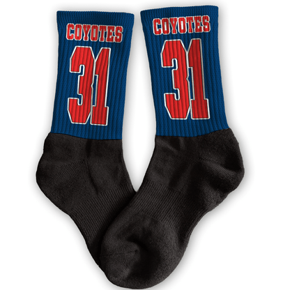 Custom blue and red crew socks with team mascot/logo, player number, and personalized team name.