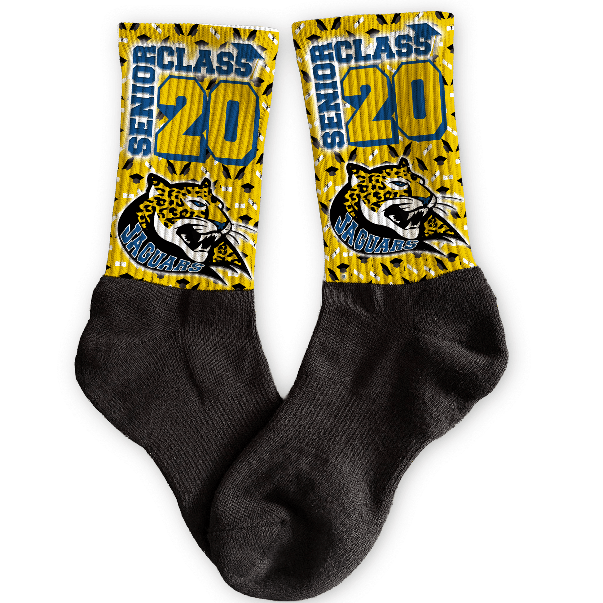 Personalized Black socks with yellow and blue Senior Class with year and mascot