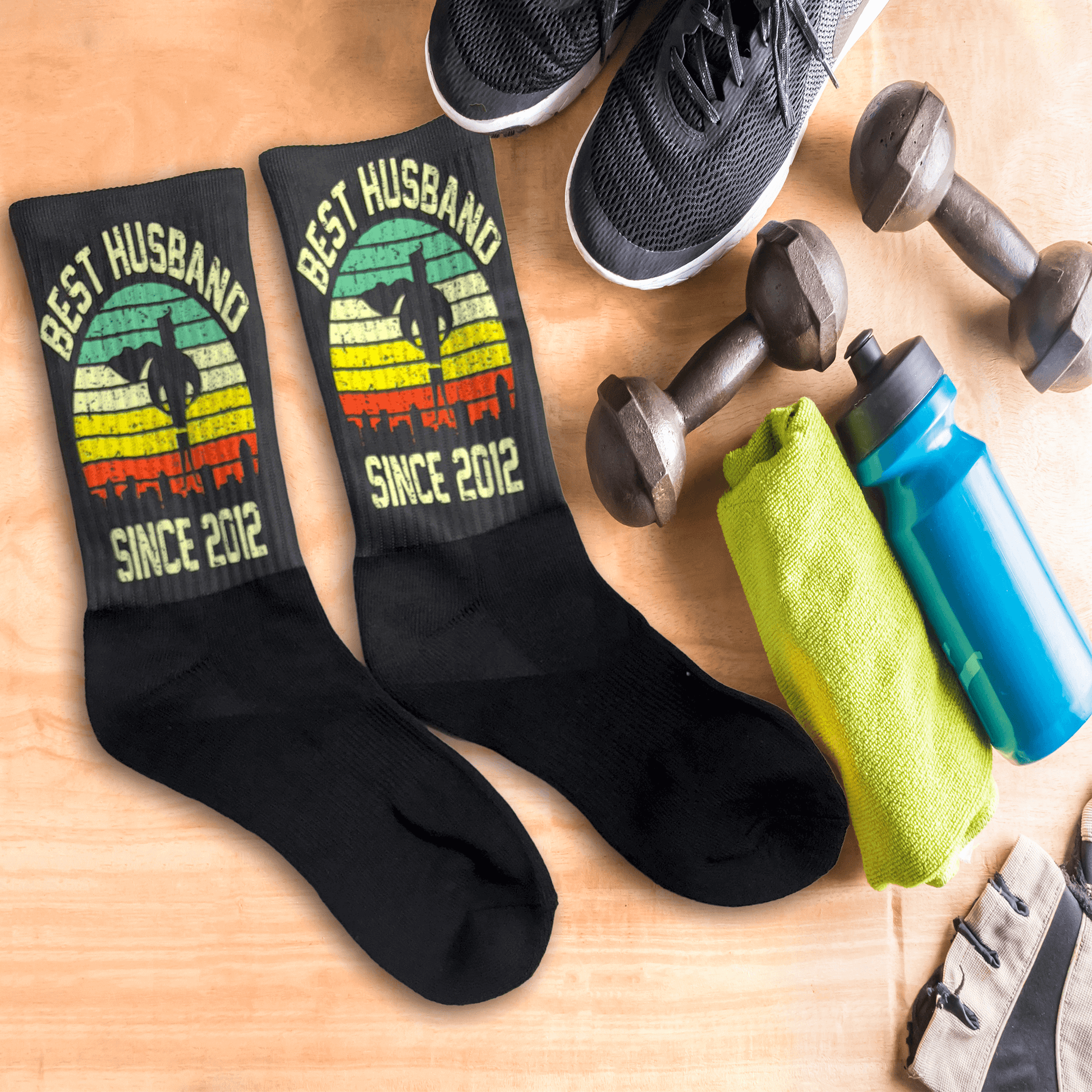 Best Husband Personalized Anniversary socks in a gym setting