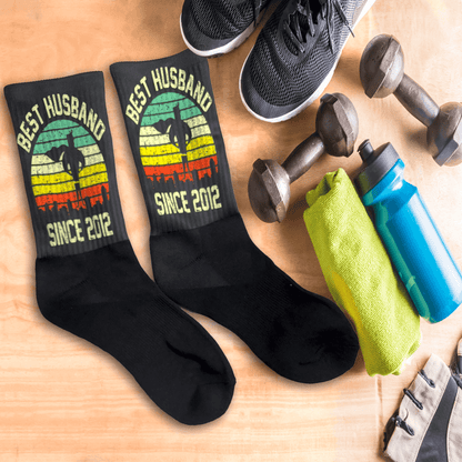 Best Husband Personalized Anniversary socks in a gym setting