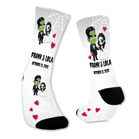 Boo-tiful Bride and Groom socks personalized with names, wedding date, Halloween monster couple, hearts, and spiderwebs. Unique Halloween wedding gift.