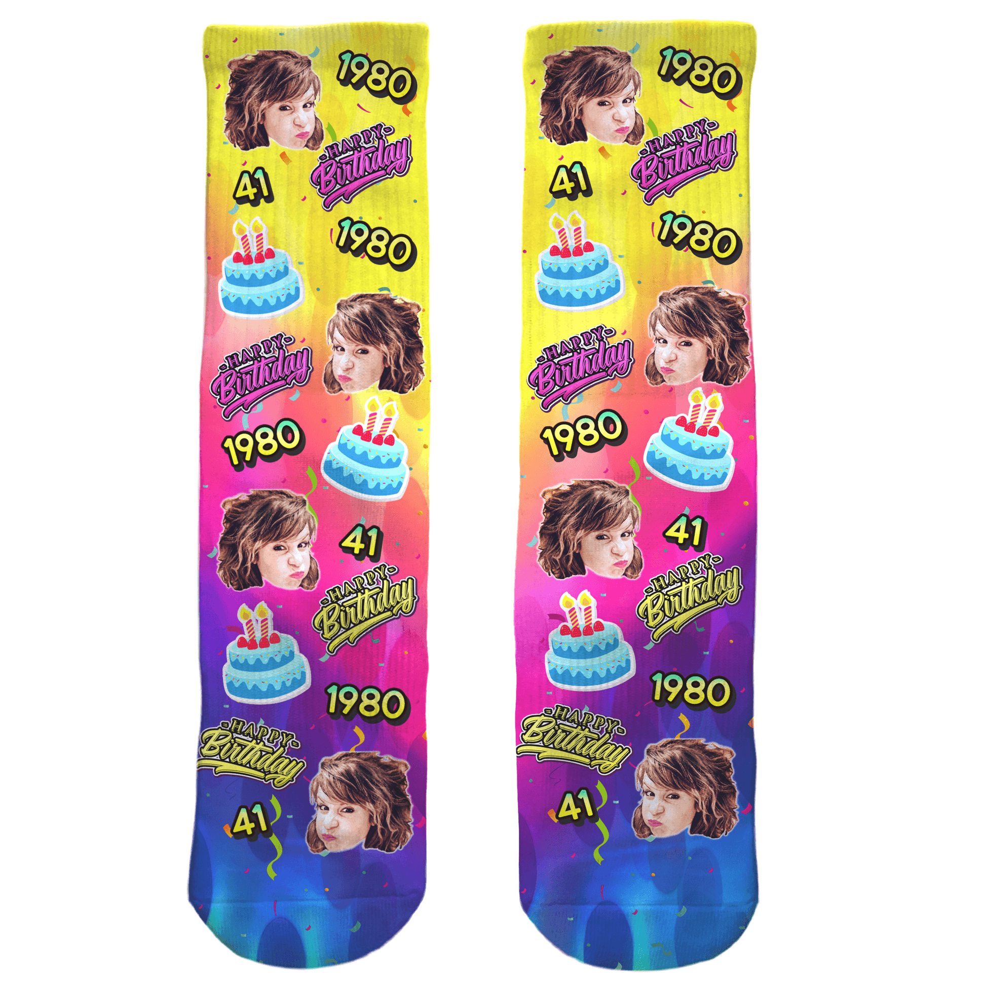 Two colorful socks with a birthday design and text on a white background