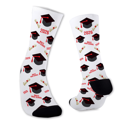 Graduation dress socks with caps, diplomas, school name, year, and custom tassel color. Personalized senior gift for graduation day.