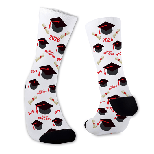 Graduation dress socks with caps, diplomas, school name, year, and custom tassel color. Personalized senior gift for graduation day.