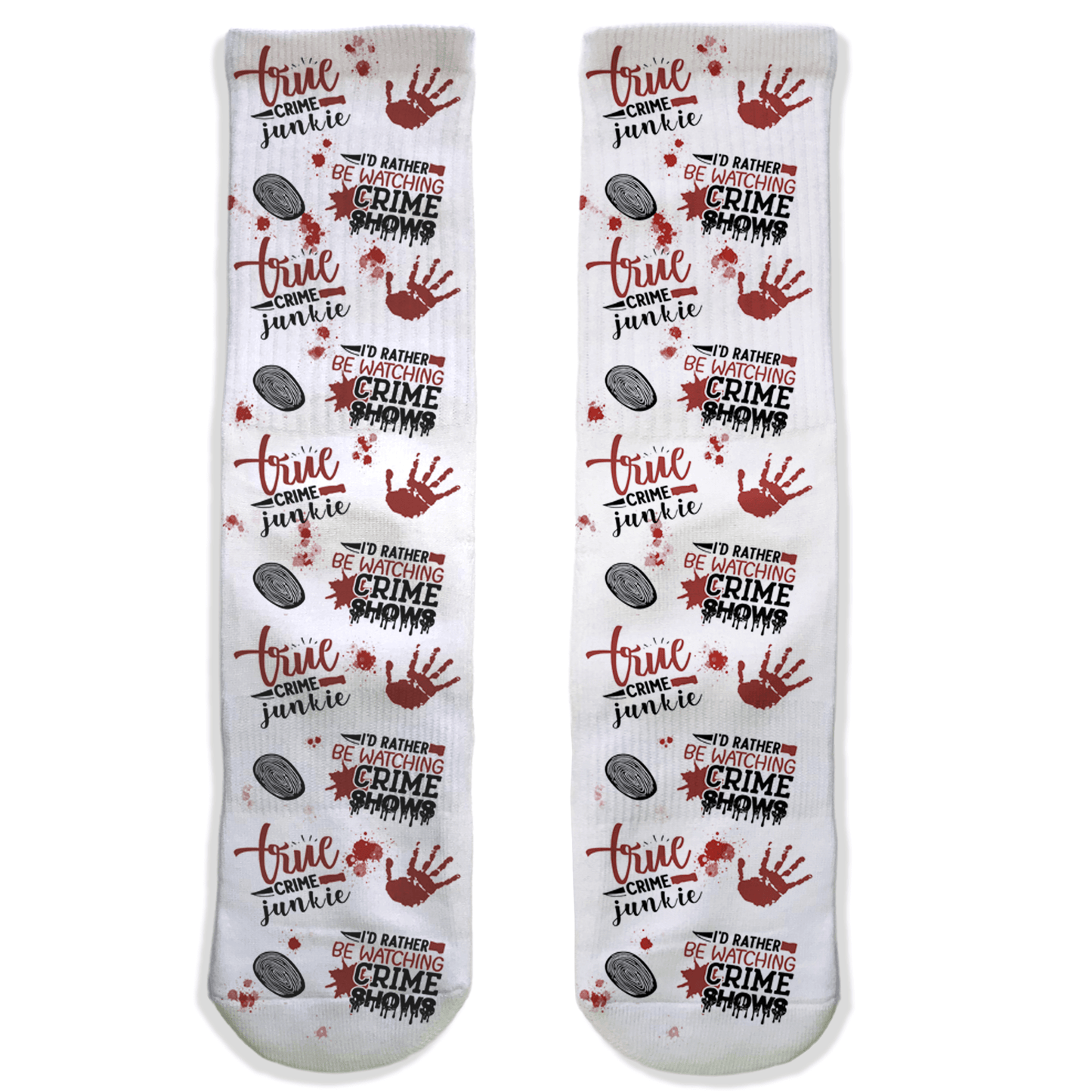 Crime show addict crew socks with red handprints, fingerprint art, and true crime graphics. Unique socks for fans of crime shows and mysteries.