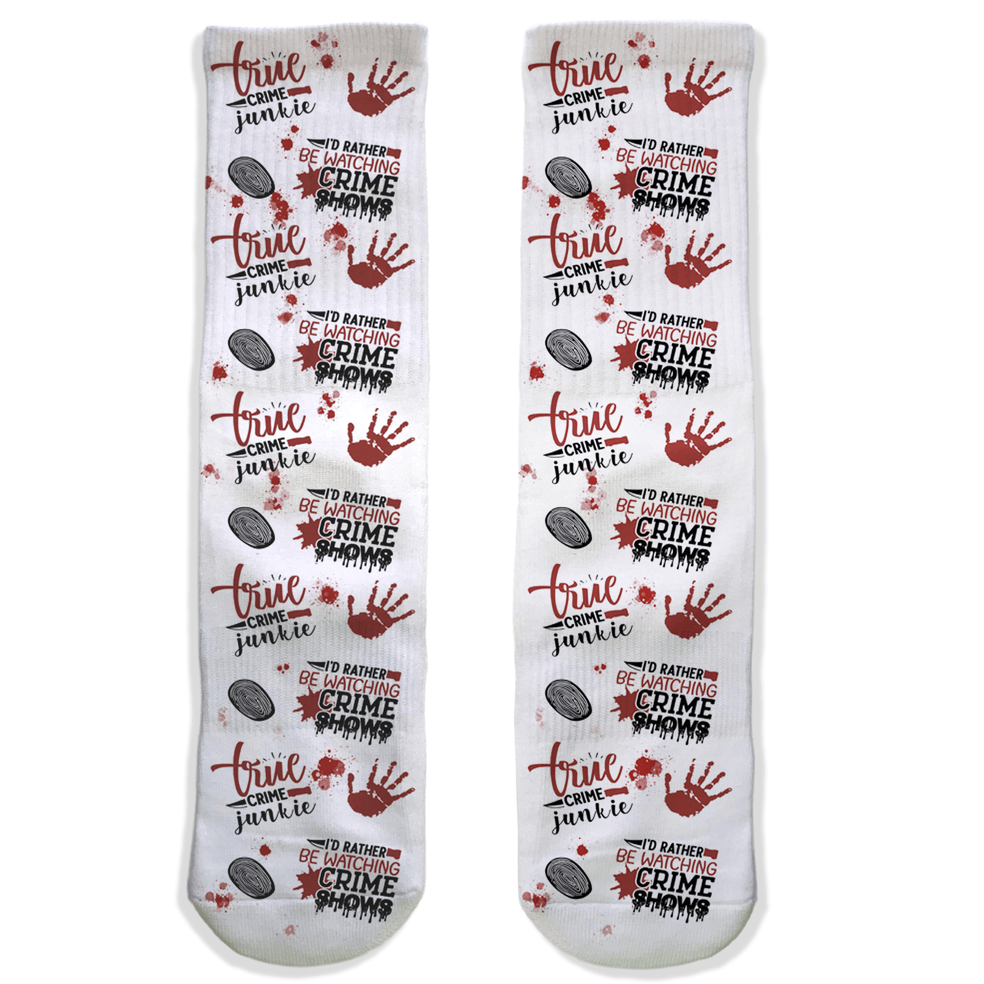Crime show addict crew socks with red handprints, fingerprint art, and true crime graphics. Unique socks for fans of crime shows and mysteries.