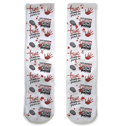 Crime show addict crew socks with red handprints, fingerprint art, and true crime graphics. Unique socks for fans of crime shows and mysteries.