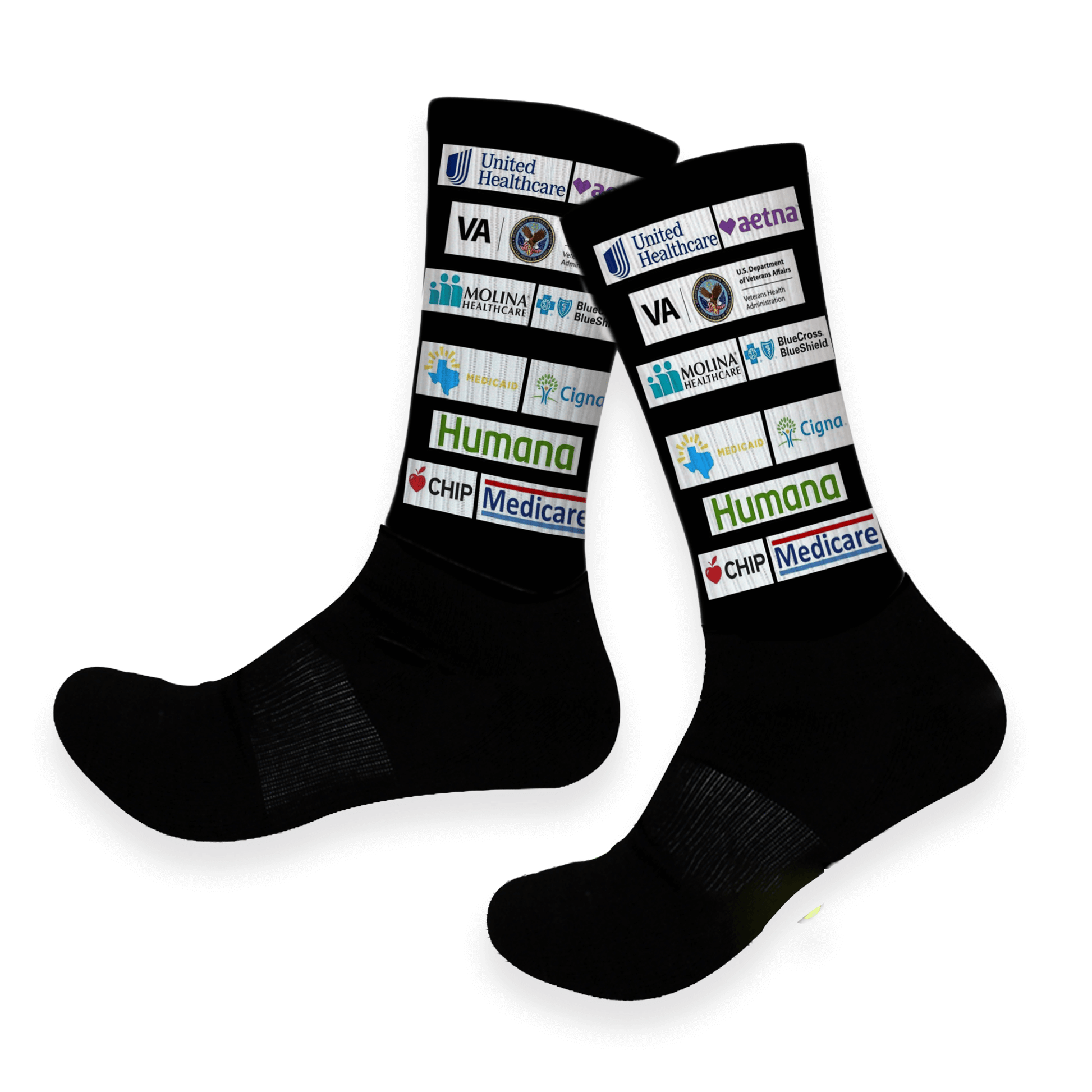 Custom crew socks featuring business logos, shop names, or team designs for branding and promotional gifts.