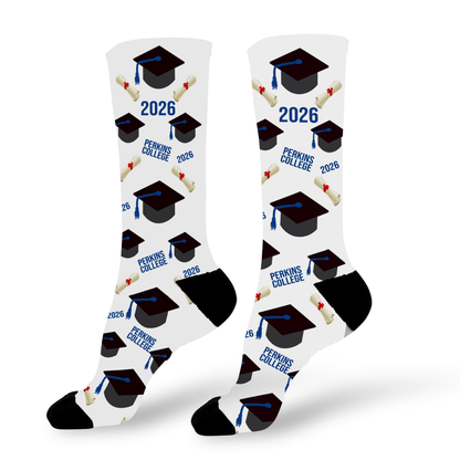 Graduation-themed socks with caps, diplomas, and text with your school and year
