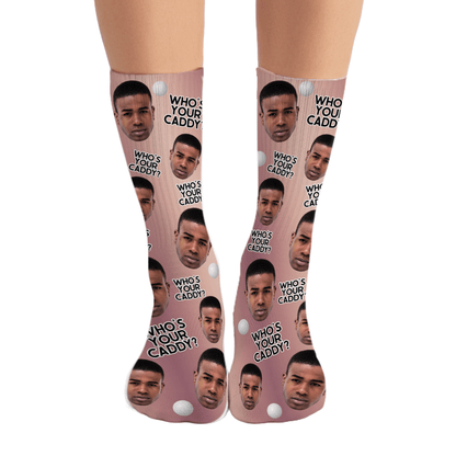 Socks with a printed design of a person's face and text on a white background