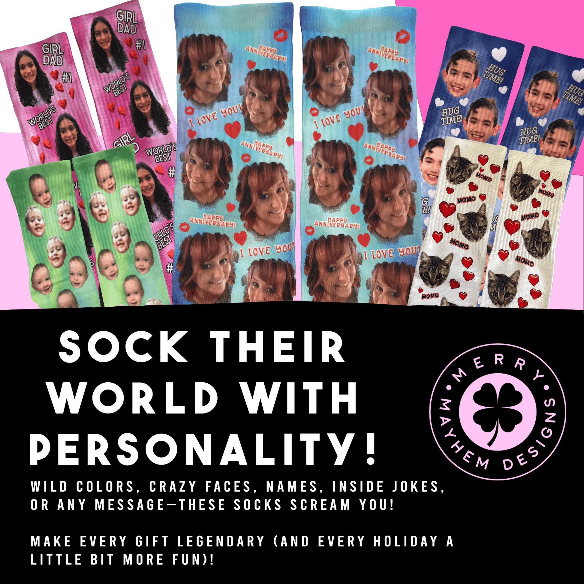 graphic showing several different socks created with various backgrounds, colors, messages and photos
