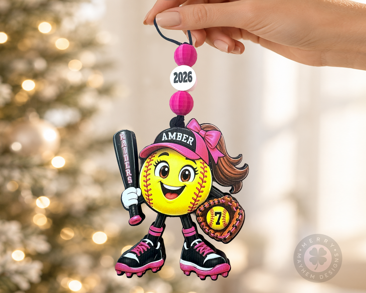 Personalized Softball Ornament for Girls – Custom Player Name, Number & Team Color