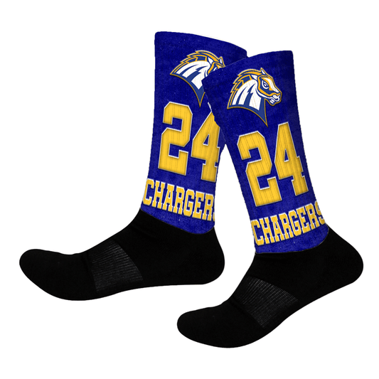 Custom blue and gold crew socks with team mascot/logo, player number, and personalized team name.