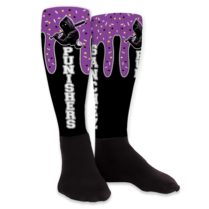 Custom ice cream drip knee-high socks with team logo, mascot, or name and solid black foot. Personalized colors for sports teams or events.