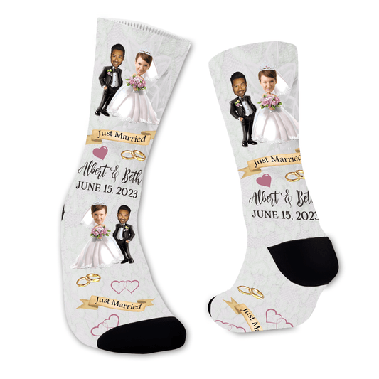 Personalized socks with wedding couple design and 'Just Married' text on a white background