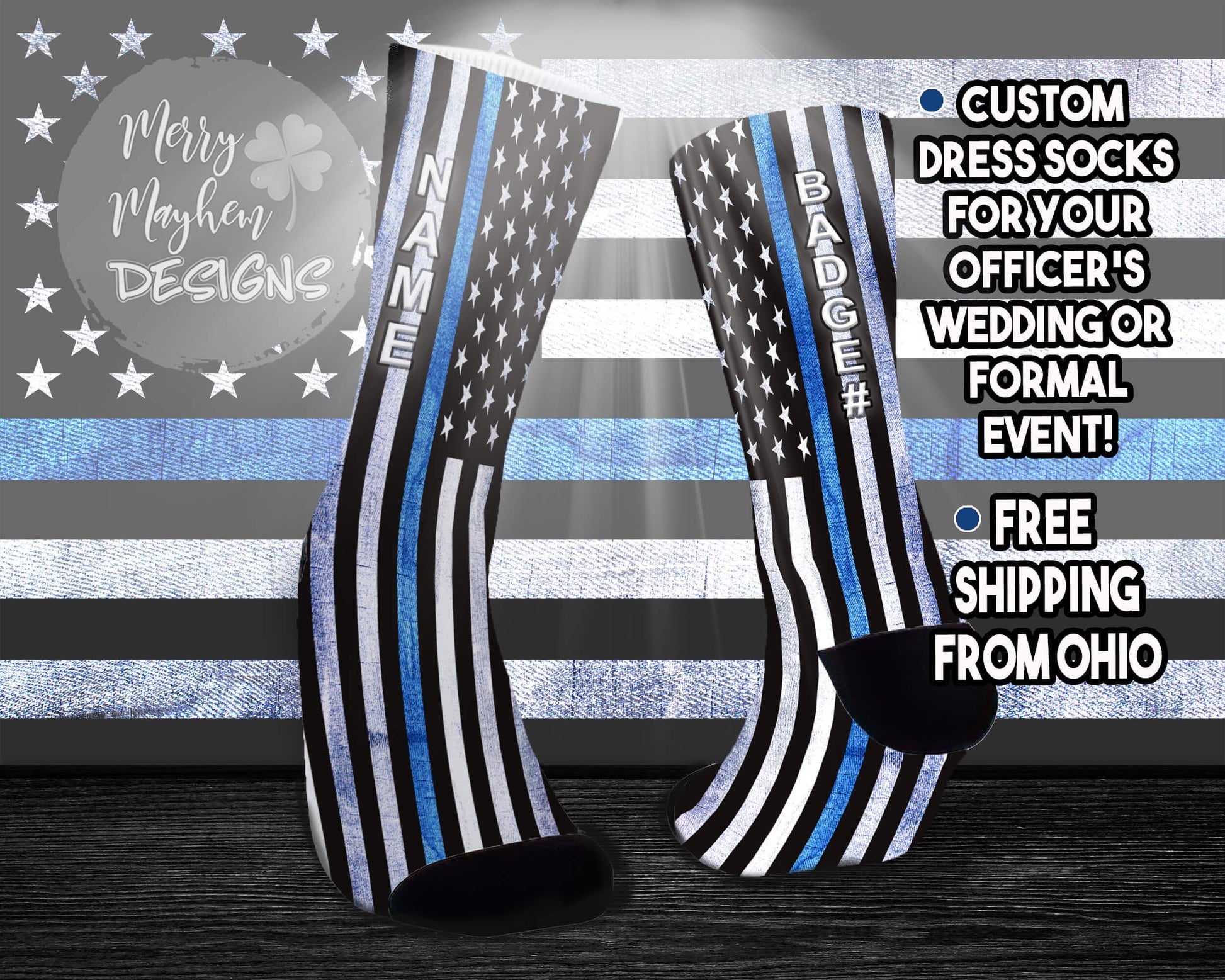 Personalized Thin Blue Line Flag Dress Socks for Groom Groomsmen, Customized Police Socks, Wedding Socks for Officers Law Enforcement Cops
