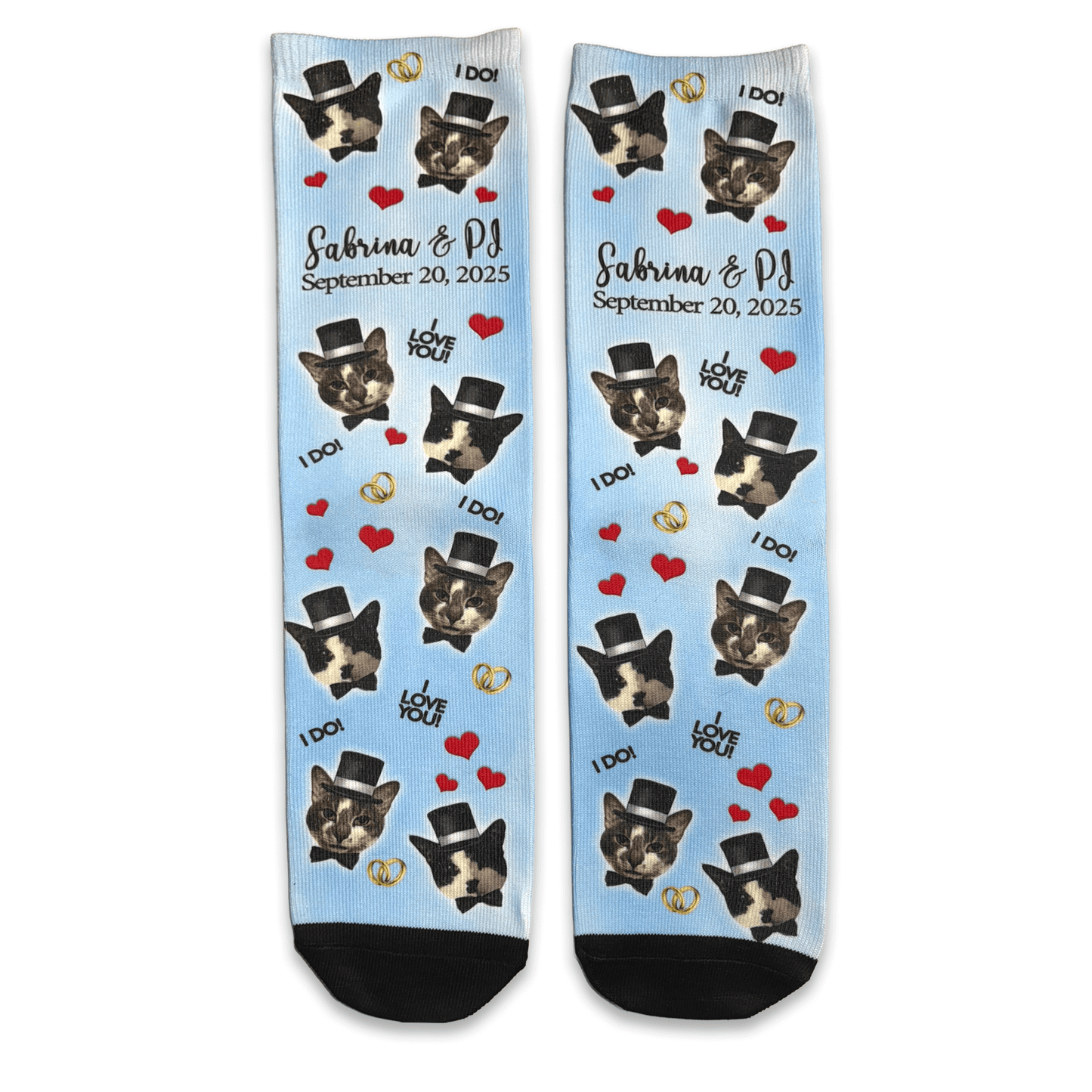 Personalized socks with cat photos and text on a light blue background