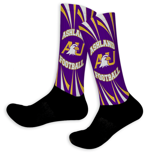 Custom swirl design socks with team colors, mascot/logo, player name, and number. Crew or knee high.