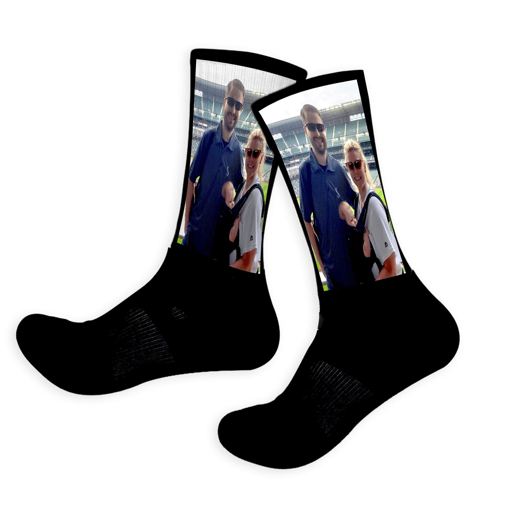 Black socks with a printed selfie design on a white background