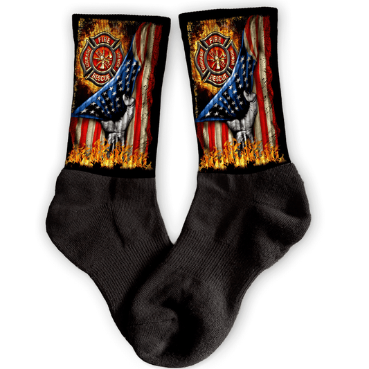 Thin Red Line crew socks with distressed American flag, Honor & Respect firefighter design.