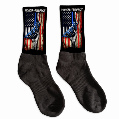Thin Blue Line crew socks with distressed American flag, Honor & Respect first responder design.