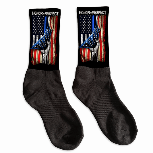 Thin Blue Line crew socks with distressed American flag, Honor & Respect first responder design.