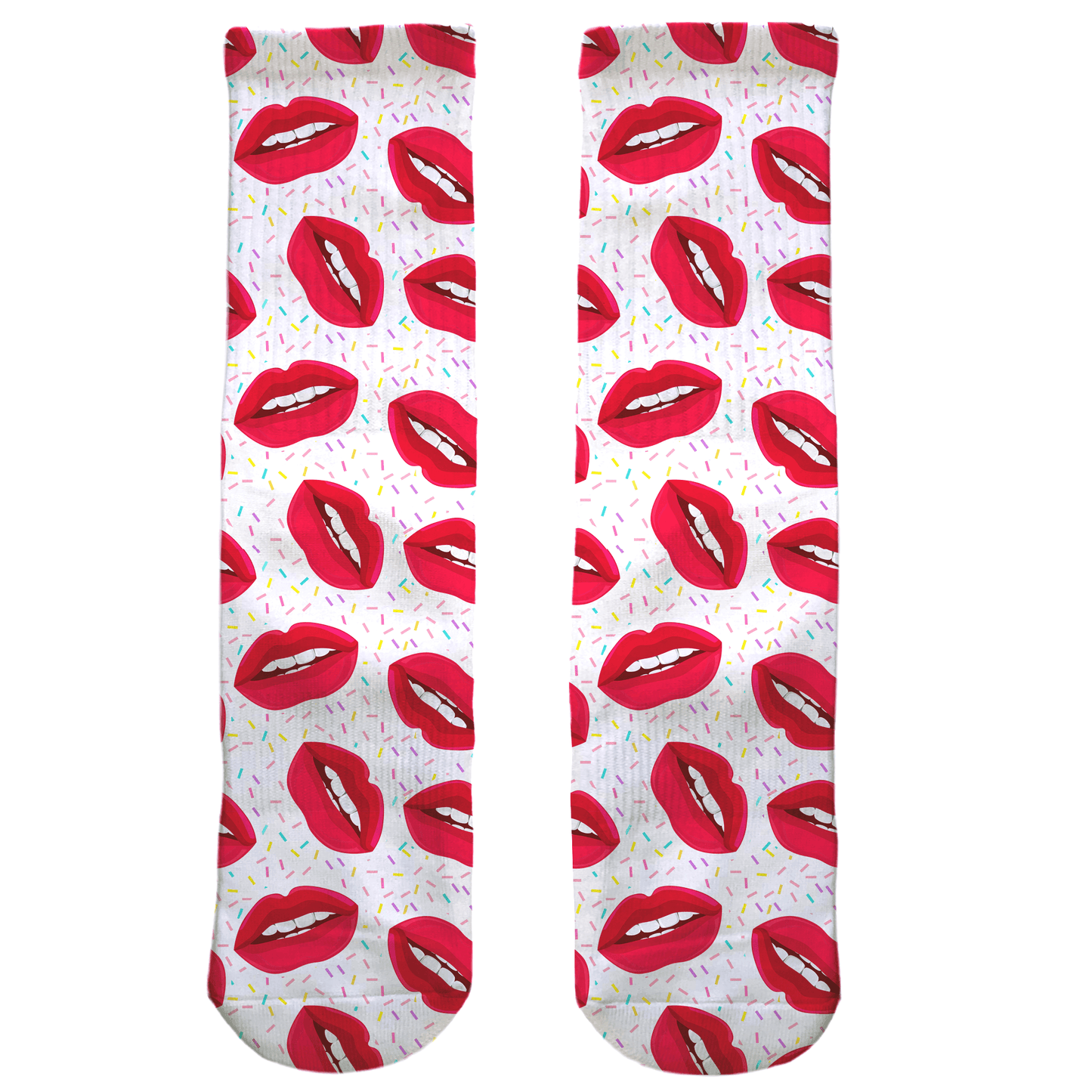 Pair of socks with red lip pattern on a white background