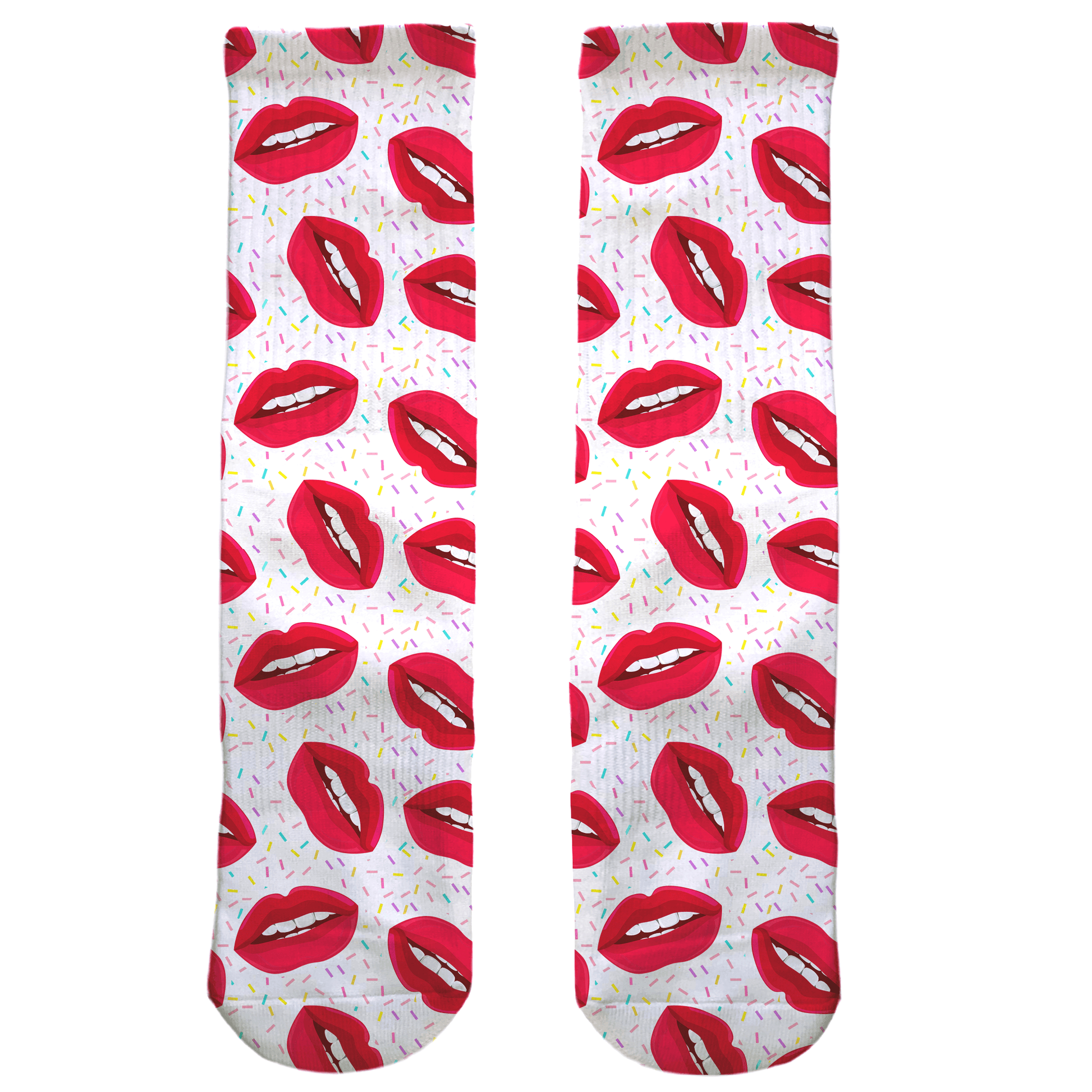 Pair of socks with red lip pattern on a white background