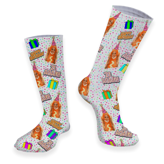 Funny birthday socks with custom photo, party hat, colorful gifts, and “21 Again!” design.