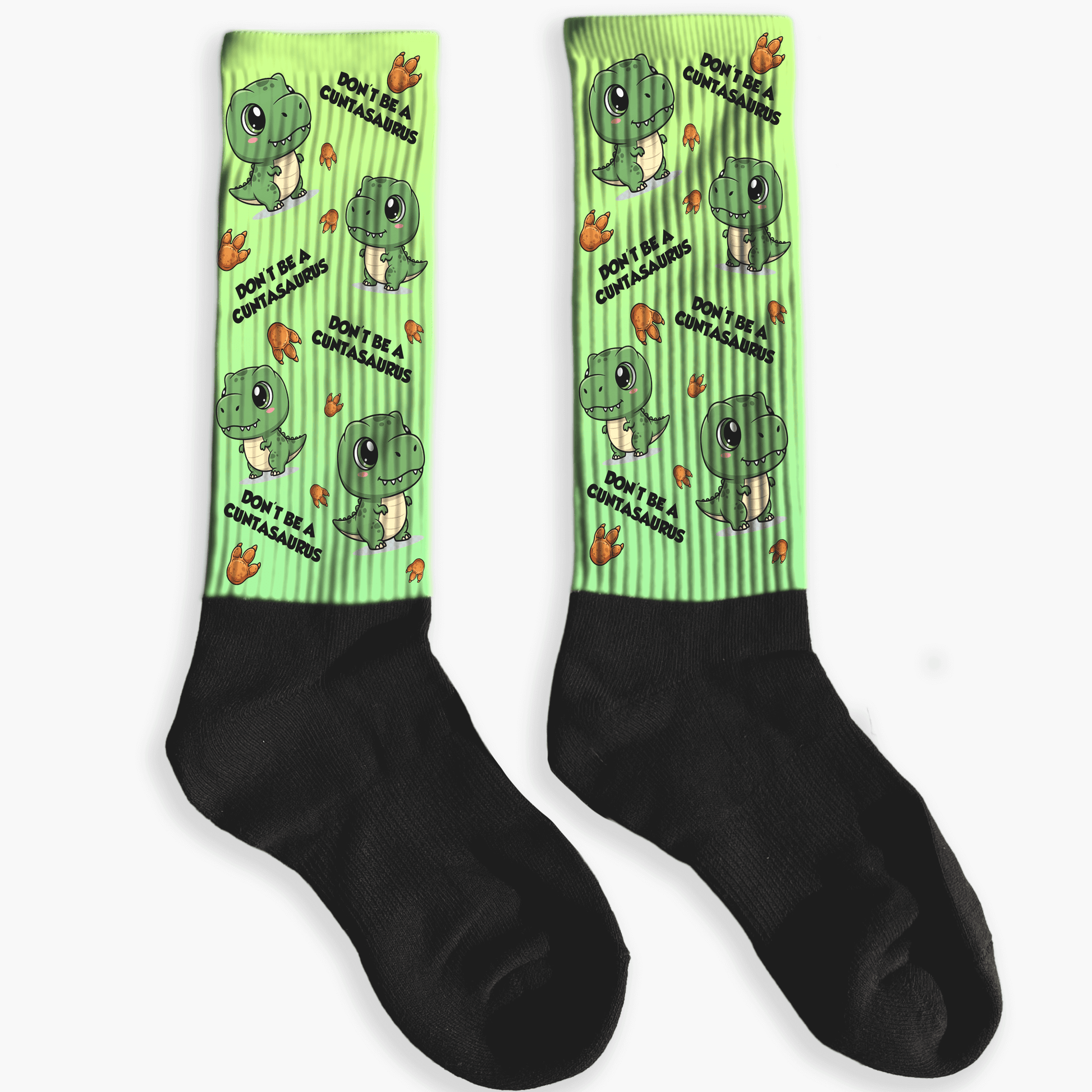 pair of knee high socks with funny dinosaur