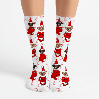 White socks with festive dog pattern on a white background