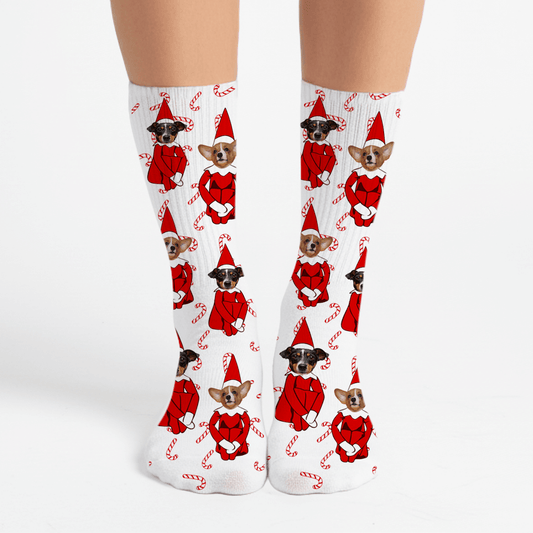 White socks with festive dog pattern on a white background