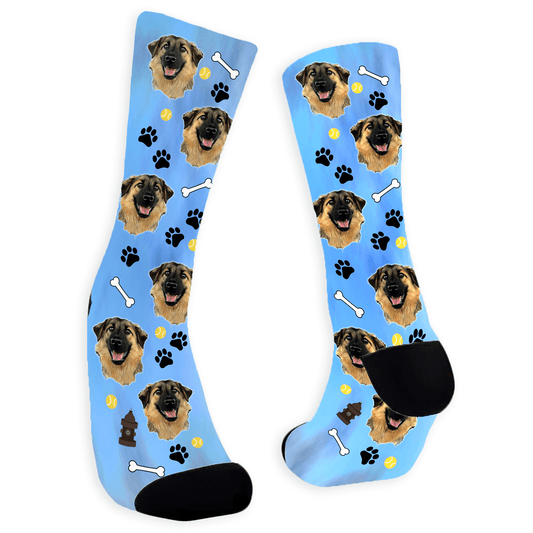 Furry Friends dress socks with custom pet faces, fun accent graphics, and colorful background choices.