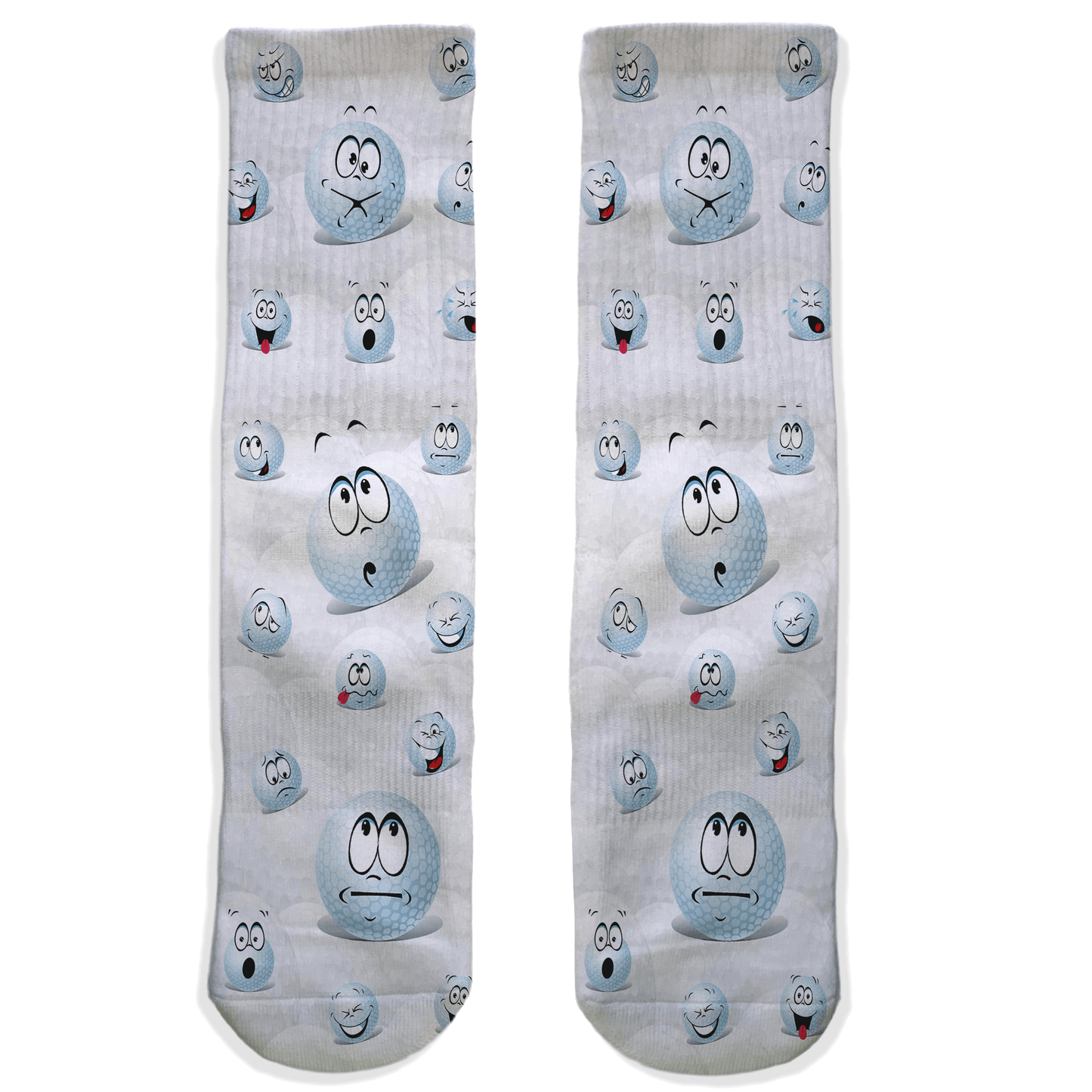 Two socks with golf balls cartoon character faces on a white background
