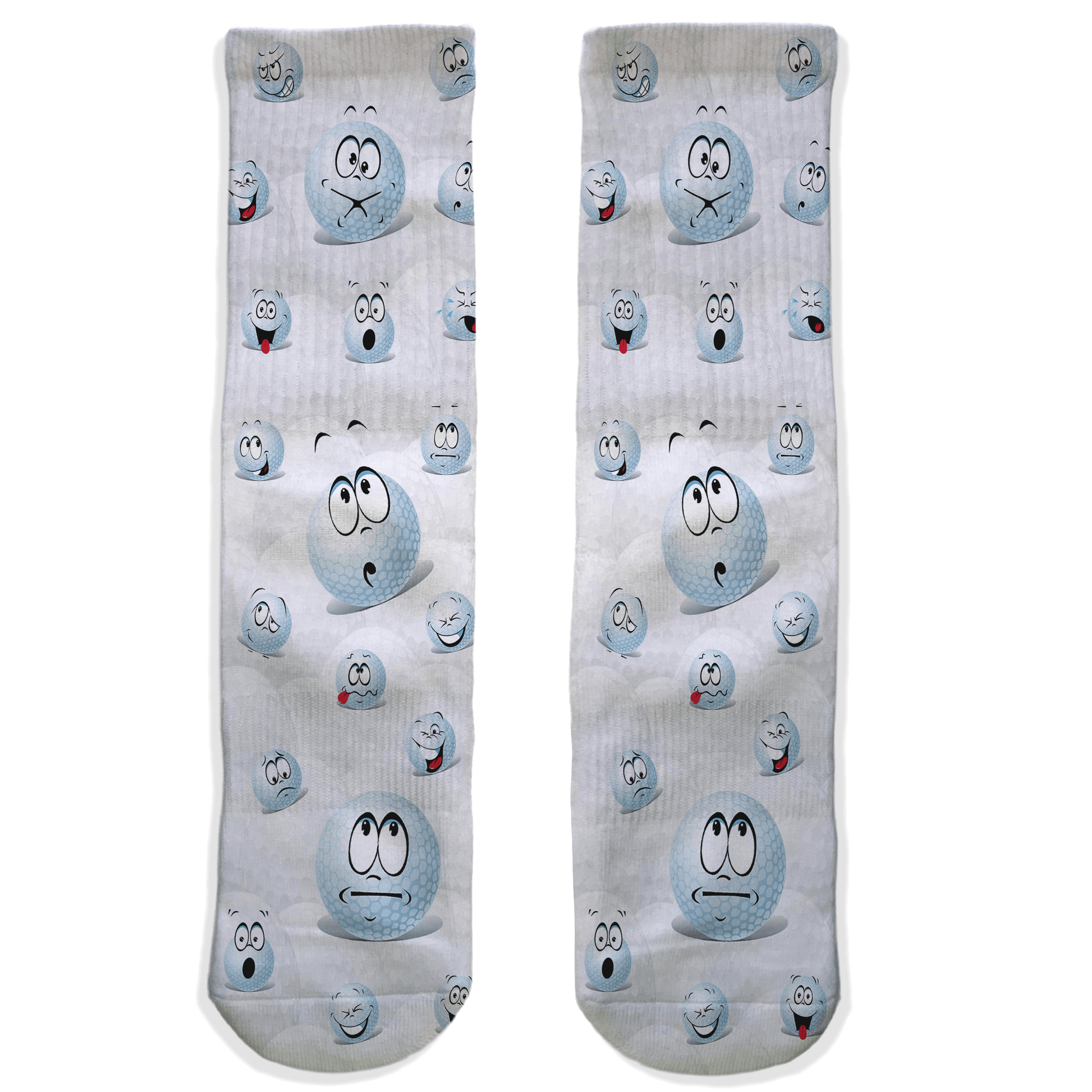 Two socks with golf balls cartoon character faces on a white background