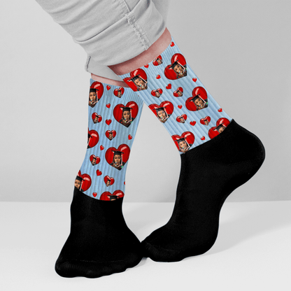Personalized graduation crew socks with custom photo and heart pattern. Unique senior gift.