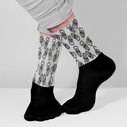 Athletic Crew socks with kettlebells shaped like skulls by Merry Mayhem Designs