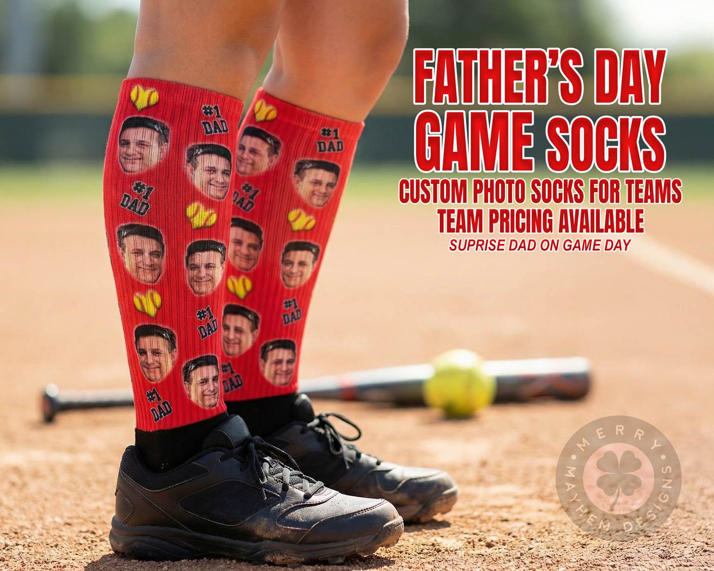 Father’s Day Game Socks – Custom Photo Team Socks, Bulk Baseball Softball Team Order, I Love Dad Socks for Players