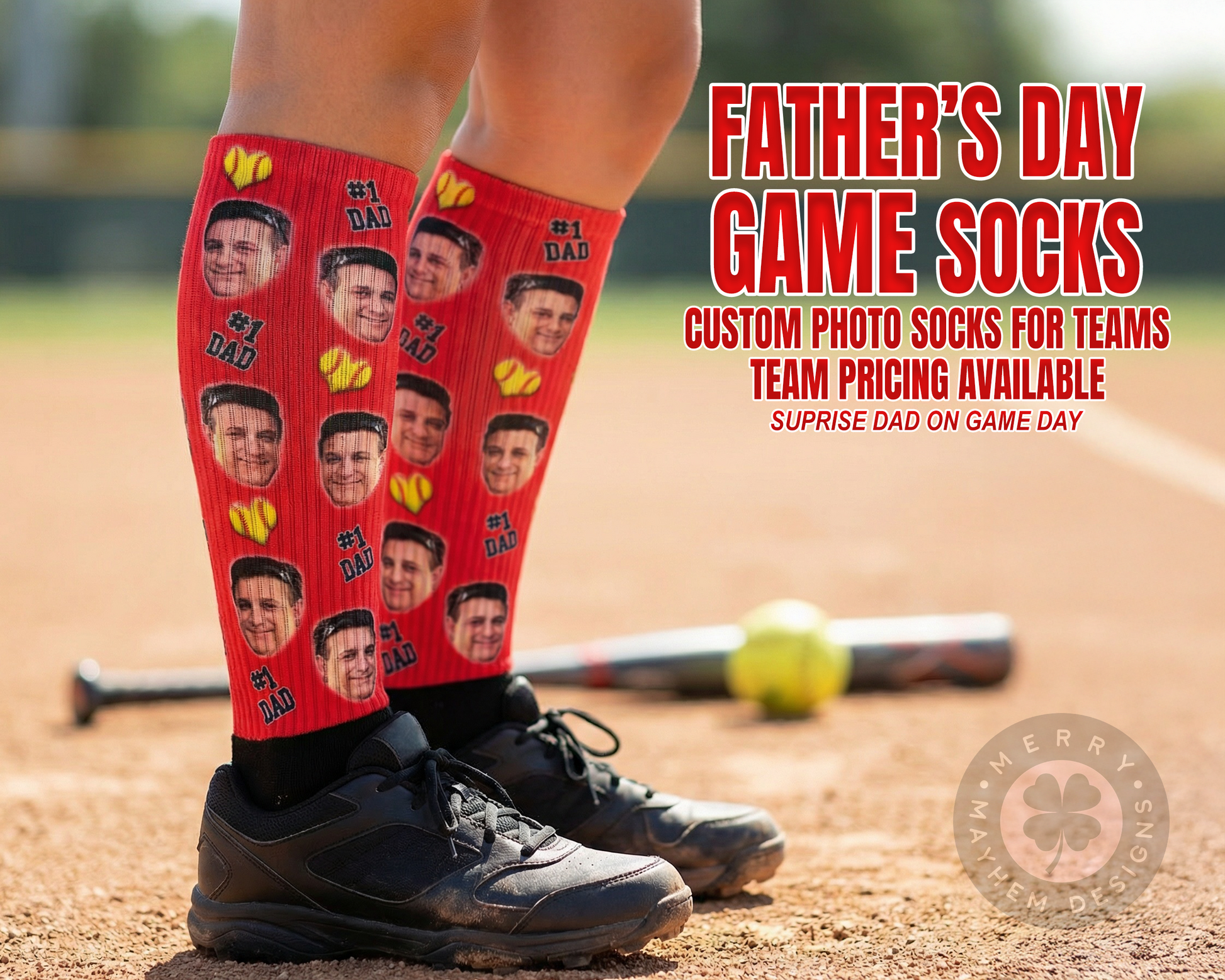 Father’s Day Game Socks – Custom Photo Team Socks, Bulk Baseball Softball Team Order, I Love Dad Socks for Players