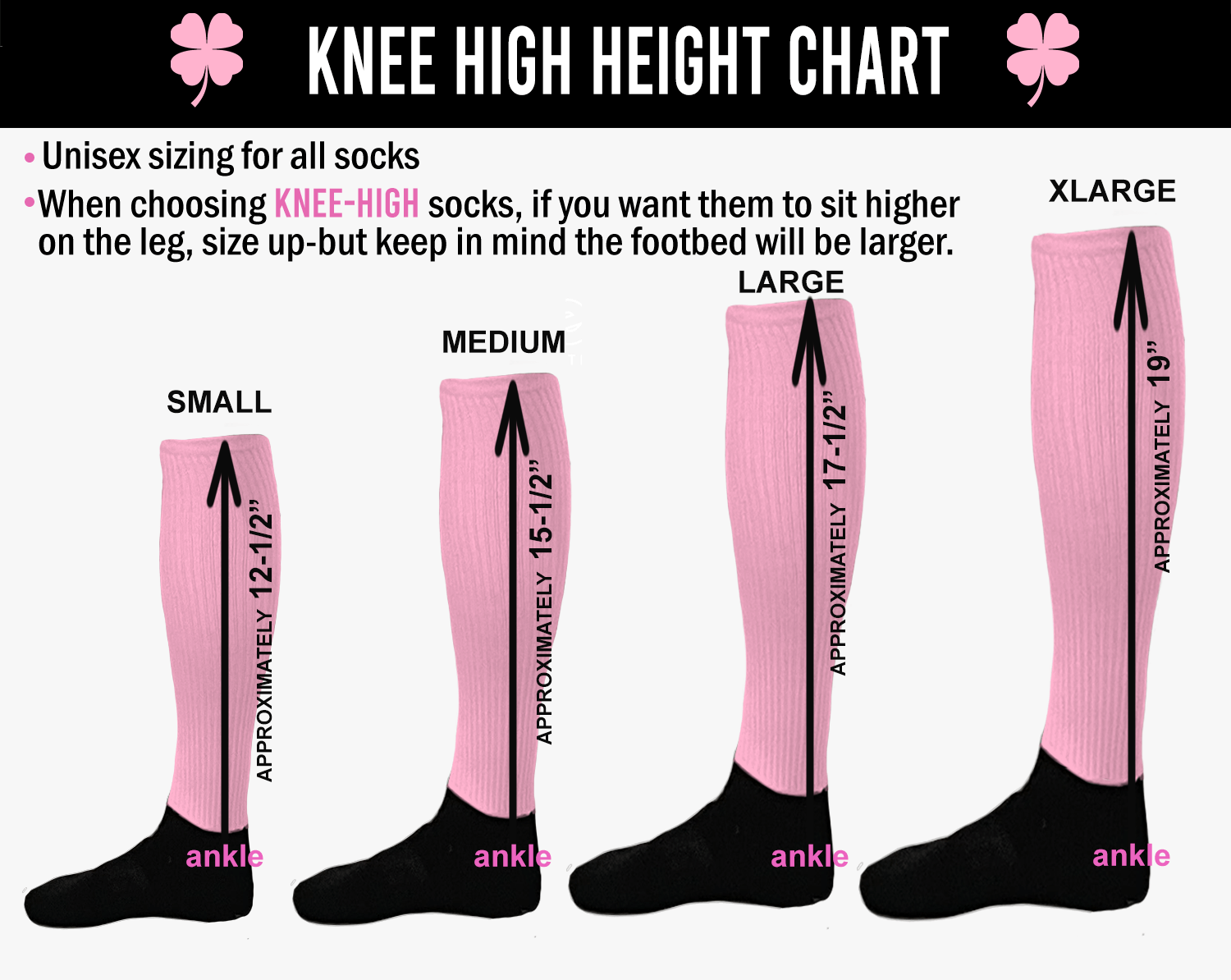 Knee-high sock height chart with pink socks and measurements.