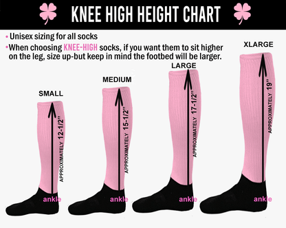 Knee-high sock height chart with pink socks and measurements.