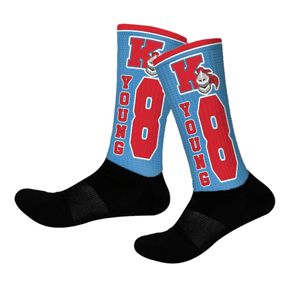 Custom light blue and red crew socks with team mascot/logo, player number, and personalized team name.