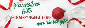 Promotional banner for Merry Mayhem Designs with Christmas ornaments and ribbons.