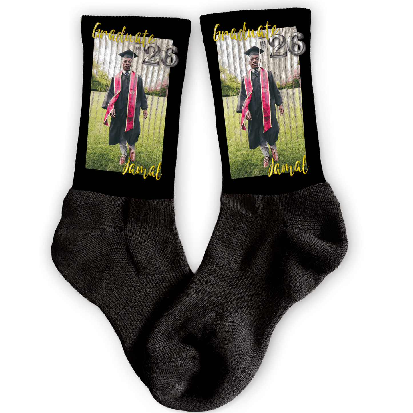 Custom graduation crew socks with full photo, name, and year. Personalized grad gift.