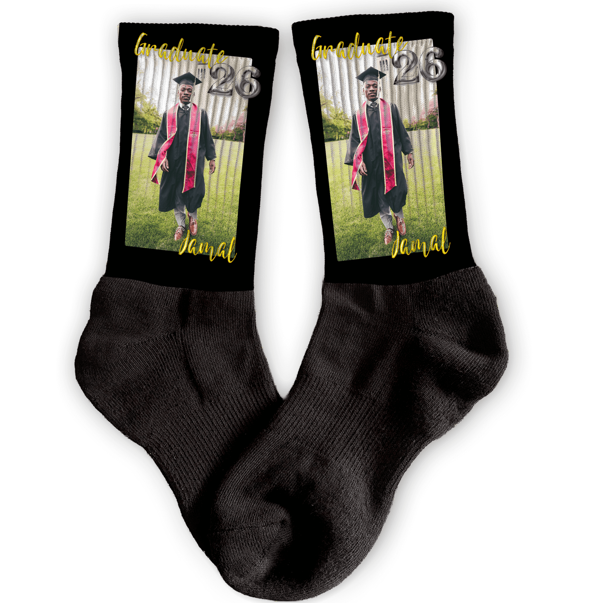 Custom graduation crew socks with full photo, name, and year. Personalized grad gift.
