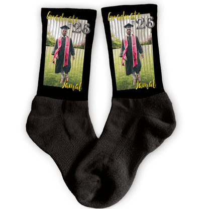 Custom graduation crew socks with full photo, name, and year. Personalized grad gift.