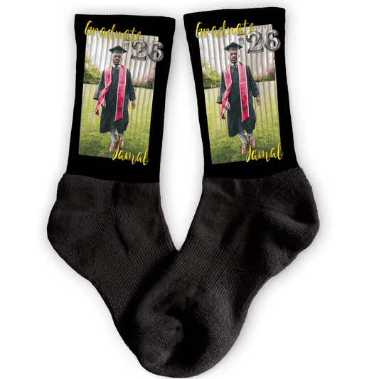 Custom graduation crew socks with full photo, name, and year. Personalized grad gift.