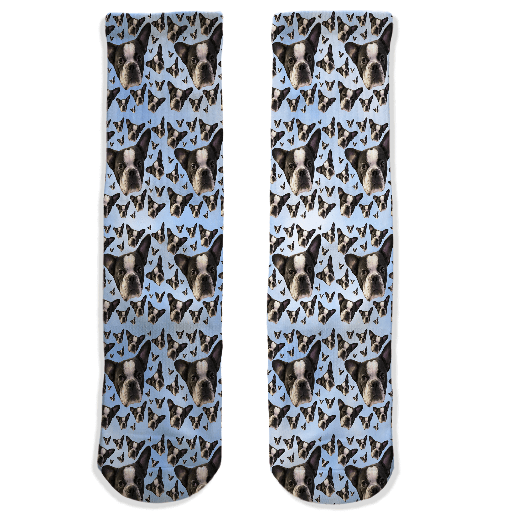 Custom crew socks with all-over face photo and background color. Personalized gift for friends or pet lovers.