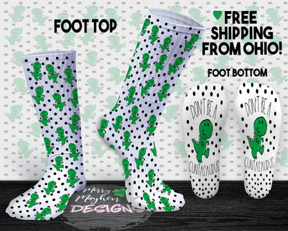Custom Printed Don't Be A Cuntasaurus Funny Dinosaur Fashion Socks with Sayings, Rude White Elephant or Gag Gift Idea, Secret Sister Santa