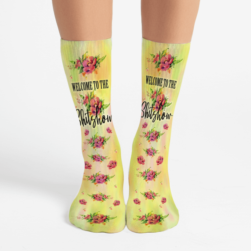 Pretty yellow and floral print with the words Welcome to the shitshow-great gag gift
